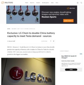 LG Chem to double China capacity for Tesla batteries <h4>12/02/20 • bit.ly/39kXW0p</h4>
